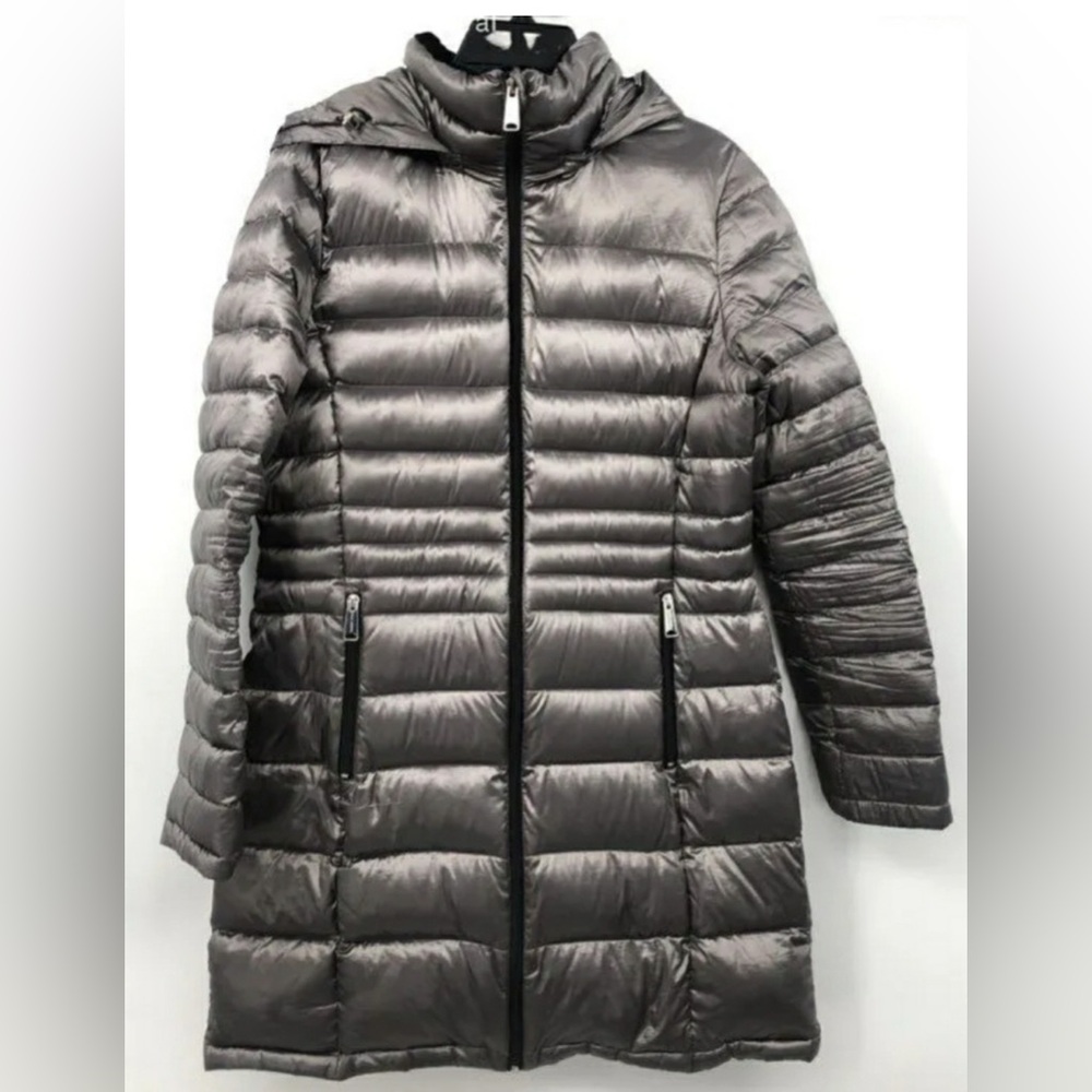 Andrew Marc Women’s Packable Silver Long Sleeve Hooded Puffer Jacket Size Small